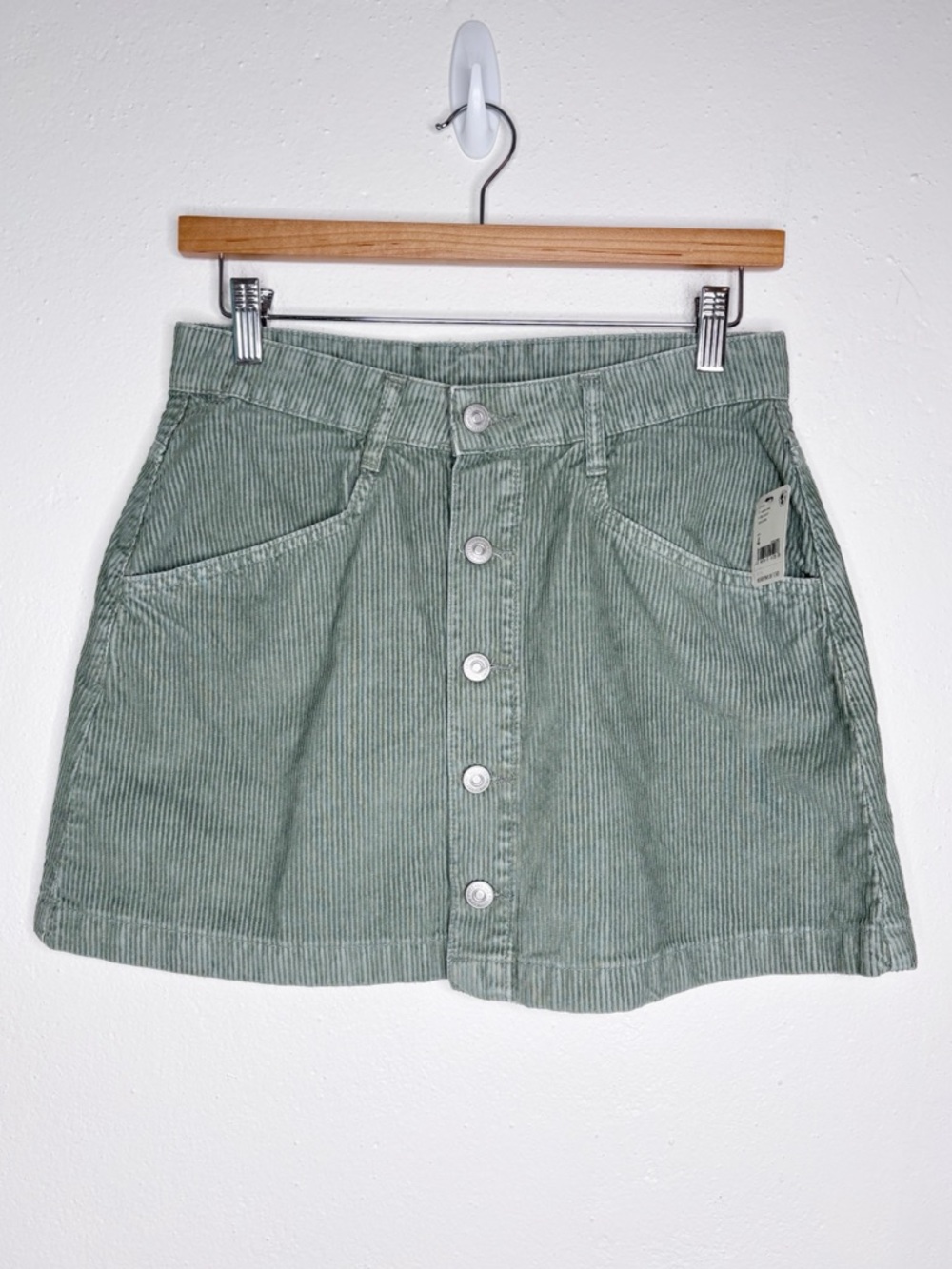 Free People Ray Cord Mini Skirt Button Front Washed Army Green Size 4 NWT
